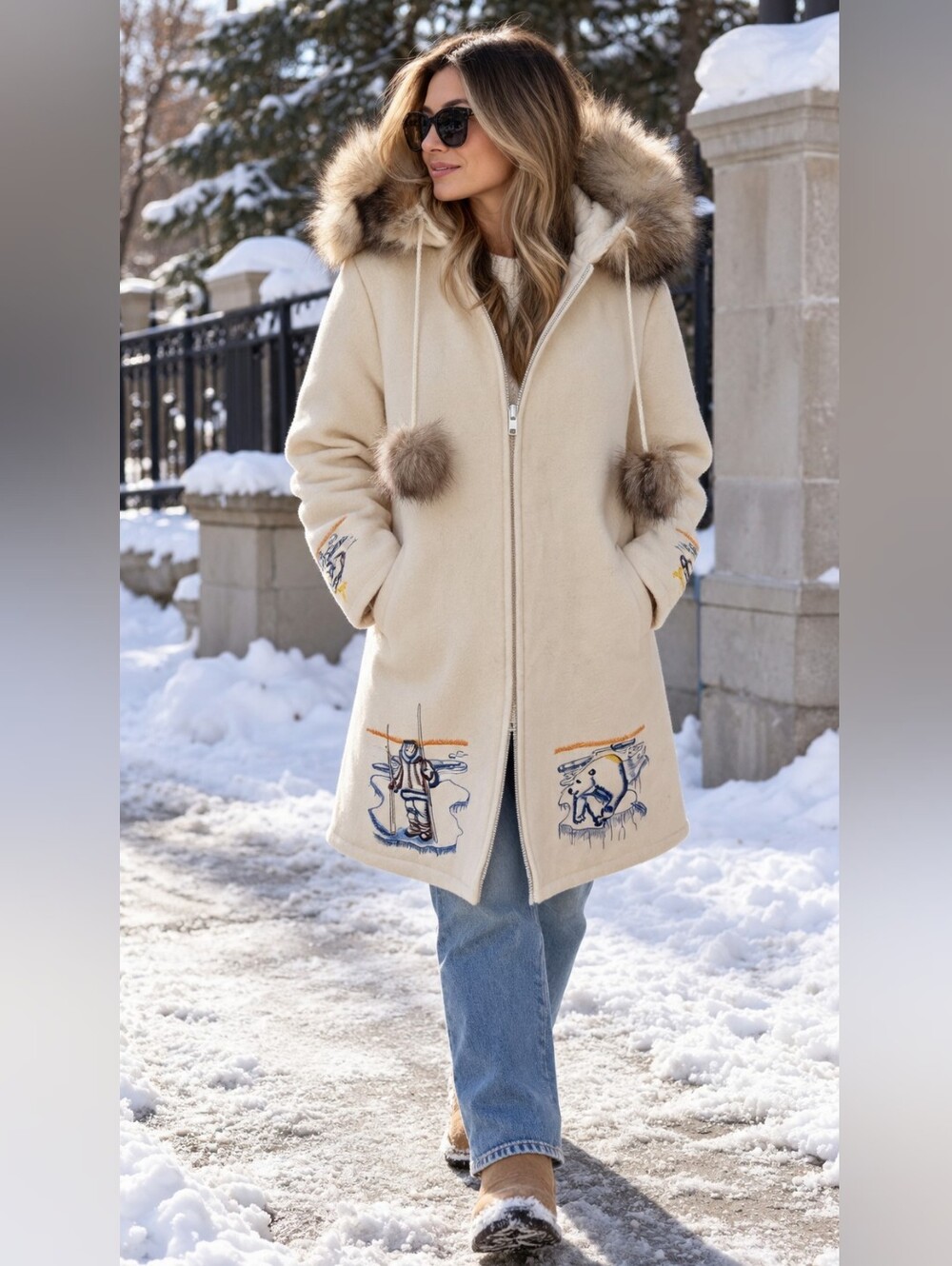 Vintage Cream Fur Hooded Coat | Embroidered Arctic Winter Jacket | Boho Eskimo